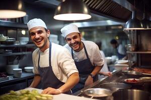 AI generated Two male chefs preparing food in a kitchen of a restaurant photo