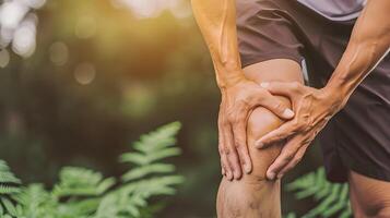 ai generado rodilla articulación dolor en caucásico hombre. concepto de osteoartritis, reumatoide artritis o ligamento lesión foto