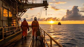 ai generado industrial trabajadores en el petróleo tubo estación a mar foto