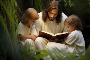 ai generado Jesús Cristo y niños leyendo libro en el jardín foto