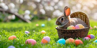 ai generado linda conejo, vistoso pintado Pascua de Resurrección huevos y un cesta en el pastos concepto de contento Pascua de Resurrección día. foto