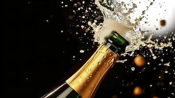 AI generated Celebration theme with splashing champagne. Christmas, New Year or Valentines day background. photo