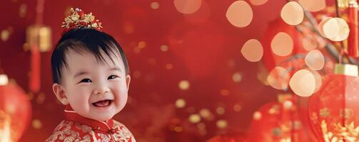 AI generated Cute Asian baby in Chinese traditional dress. Happy Chinese new year concept. photo