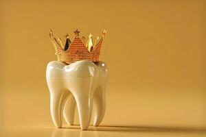 ai generado sano diente con dorado corona. 3d representación foto