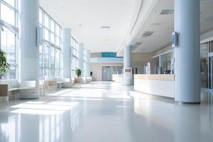 AI generated The decoration of the nursing staff's desks inside the new hospital building is beautiful and pleasing to the eye. photo