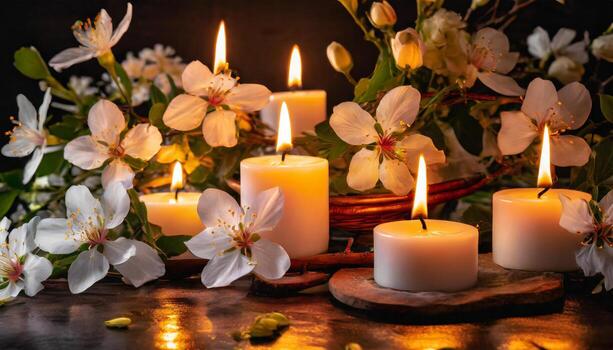 ai generado un sereno ajuste de iluminado velas rodeado por delicado blanco flores, ideal para relajación y decoración temas foto