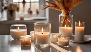 AI generated A serene setting of various elegant lit candles, exuding warmth and tranquility. photo