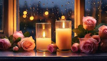 AI generated A serene evening scene with two glowing candles and pink roses by a rain-kissed window, illuminating a warm, romantic ambiance. photo