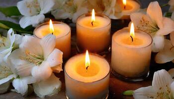 ai generado un sereno ajuste de iluminado velas rodeado por delicado blanco flores, ideal para relajación y decoración temas foto