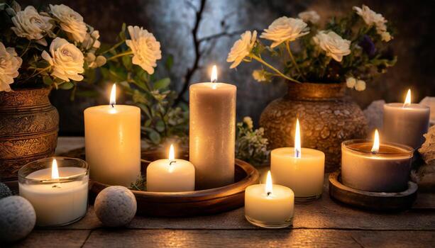 ai generado un sereno ajuste de iluminado velas en medio de floreciente blanco rosas, evocando un calma y romántico ambiente foto