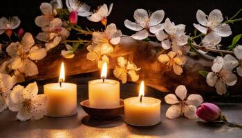 AI generated Lit candles amidst blooming white flowers, creating a serene ambiance. photo