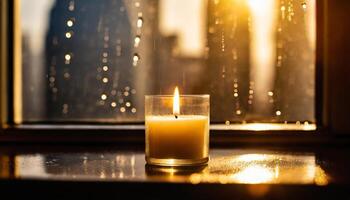 AI generated A lit candle by a window, casting a warm glow against the evening cityscape photo