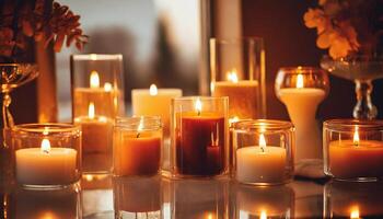 AI generated A serene setting of lit candles with glass container casting a warm glow, creating a cozy atmosphere. photo