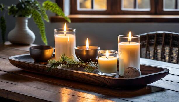 AI generated A serene setting of lit candles on a wooden tray, creating a warm and inviting atmosphere photo