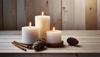 AI generated Three lit candles with pine cones and cinnamon on a wooden surface photo