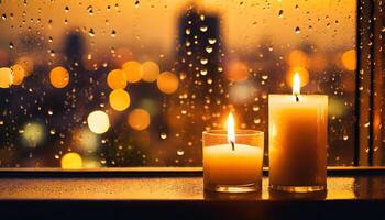 AI generated Two candles illuminate a window sill, casting a warm glow against the raindrops on the window, with city lights blurred in the background photo