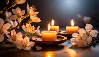 AI generated Blooming white flowers beside glowing candles, creating a serene and mystical ambiance photo