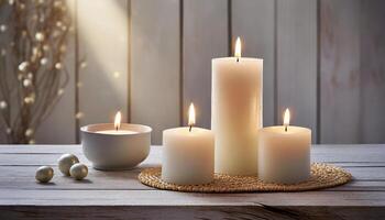 AI generated Lit candles with a serene, warm glow, creating a peaceful ambiance, soft color photo