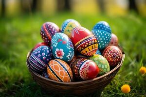 realistic easter eggs rabbit basket of flowers on pastel garden background photo