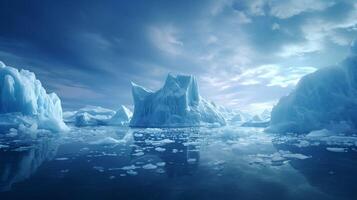 AI generated Melting ice with ice floe adrift in water, dissolving ice shards, environmental preservation photo