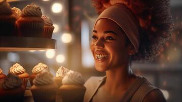 AI generated Cheerful black female baker portrait proudly displaying her scrumptious cakes, sunlight background photo