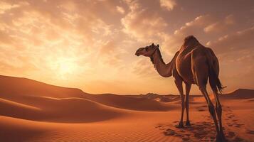 AI generated Lone camel stands of searing heat sandy desert watches at setting sun, camel symbolizes struggle photo