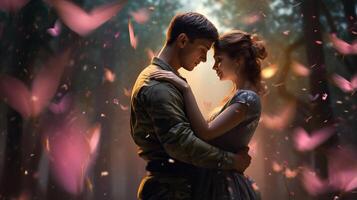 AI generated Soldier holds his beloved girl tightly, loving couple surrounded by fluttering butterflies in nature photo