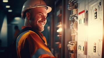 AI generated Smiling electrician, handsome and skilled, troubleshoots breaker panel photo