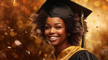 ai generado contento negro niña vistiendo graduación gorra y vestido, sonriente joven niña vigas con felicidad foto