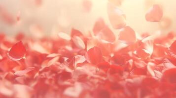 AI generated Red rose petals gently falling in soft sunlight, fragile feminine background photo