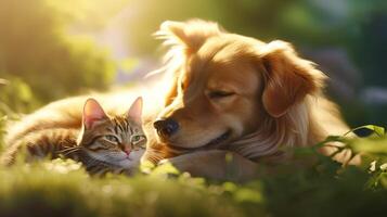 AI generated Endearing cat and cute dog lie side by side on sun drenched grass, basking in warmth and harmony photo