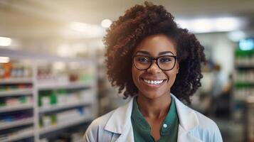 ai generado cortés sonriente negro hembra farmacéutico en blanco Saco ayuda clientela en farmacia Proporcionar Consejo foto