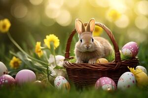 realistic easter eggs rabbit basket of flowers on pastel garden background photo