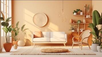 AI Generated Interior of light living room with comfortable sofa, houseplants and mirror near light wall. AI generative photo