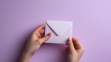 AI generated cropped view of woman holding blank business card on lilac background photo