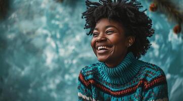 ai generado hermosa africano americano mujer con afro peinado posando en vistoso suéter. foto