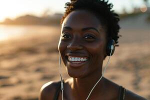 AI generated Portrait of smiling african american woman on beach at sunset photo