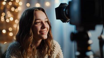 AI generated Smiling young female blogger recording video for her blog. Attractive young woman in casual clothes smiling and looking at camera while sitting in cafe photo