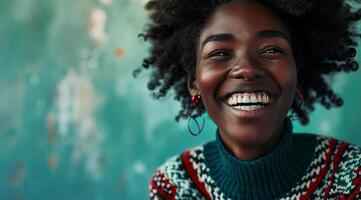 AI generated Beautiful african american woman with afro hairstyle posing in colorful sweater. photo