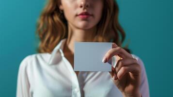 AI generated cropped shot of businesswoman holding blank business card photo