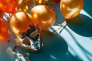 AI generated Carnival mask with orange balloons on a blue background. Holiday concept. photo