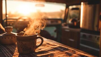 AI generated Cup of hot coffee with steam on a wooden table in the interior of a camper photo