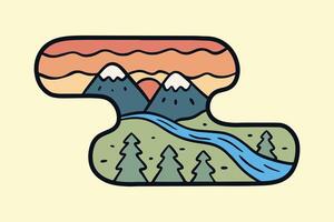 The twin mountain and river in nature vector t shirt patch sticker outdoor art
