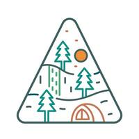 camping under the waterfall nature vibes in mono line vector t shirt badge emblem illustration