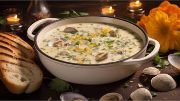 AI generated creamy clam chowder photo