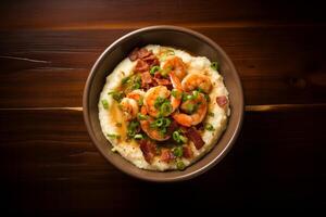 AI generated a bowl of grits with shrimp and bacon photo