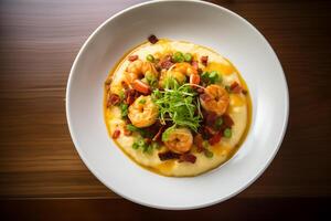 AI generated a bowl of grits with shrimp and bacon photo