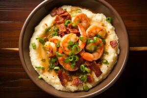 AI generated a bowl of grits with shrimp and bacon photo