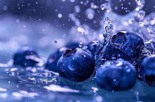 AI generated Blueberries falling into water with splashes and drops, close-up photo