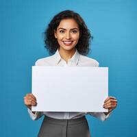 AI generated businesswoman holding blank board, isolated on blue background photo